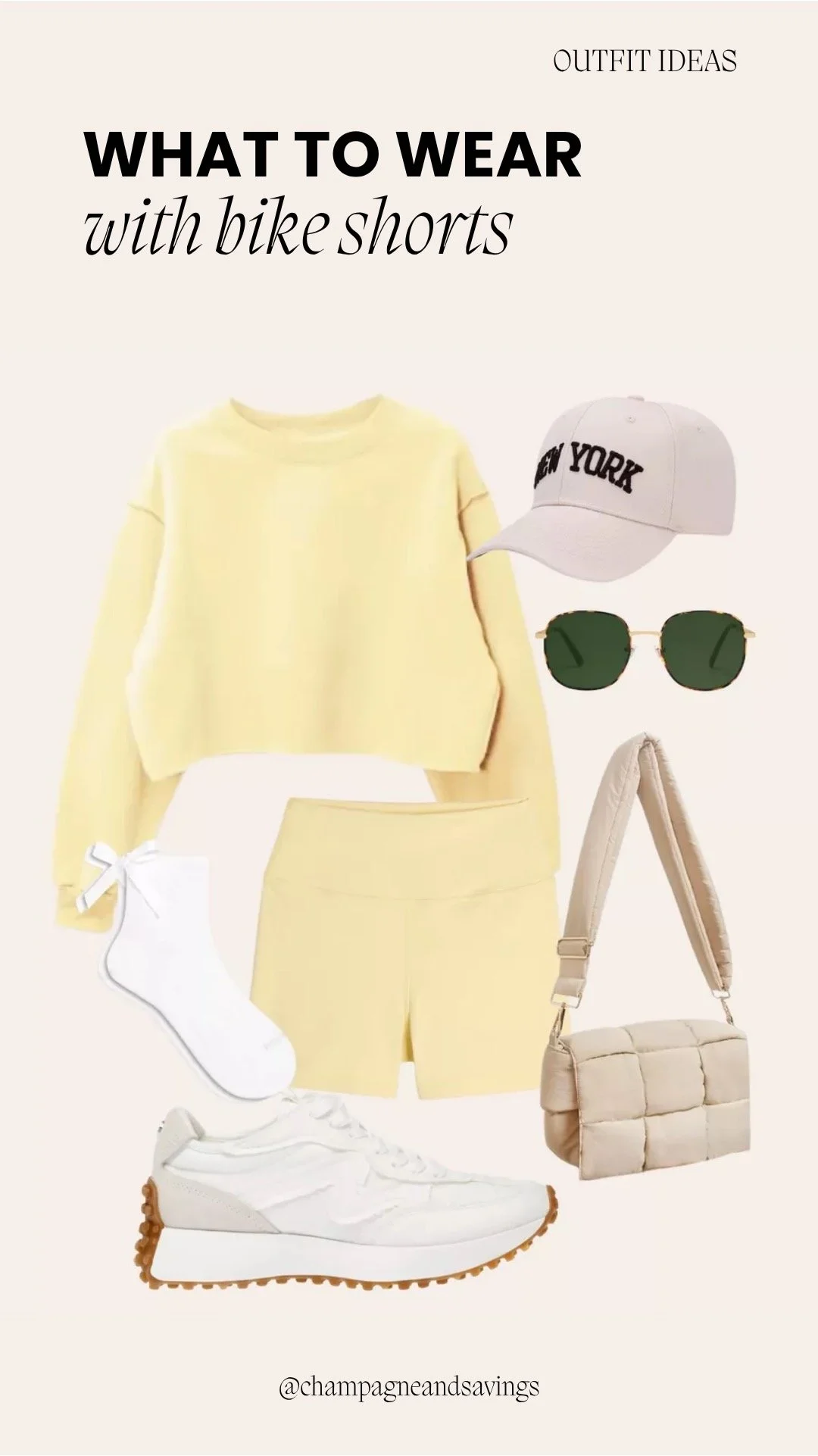 collage of bike shorts outfit idea featuring a matching sweatshirt and bike shorts set styled with a casual cap, showing coordinated outfit pieces on a clean background