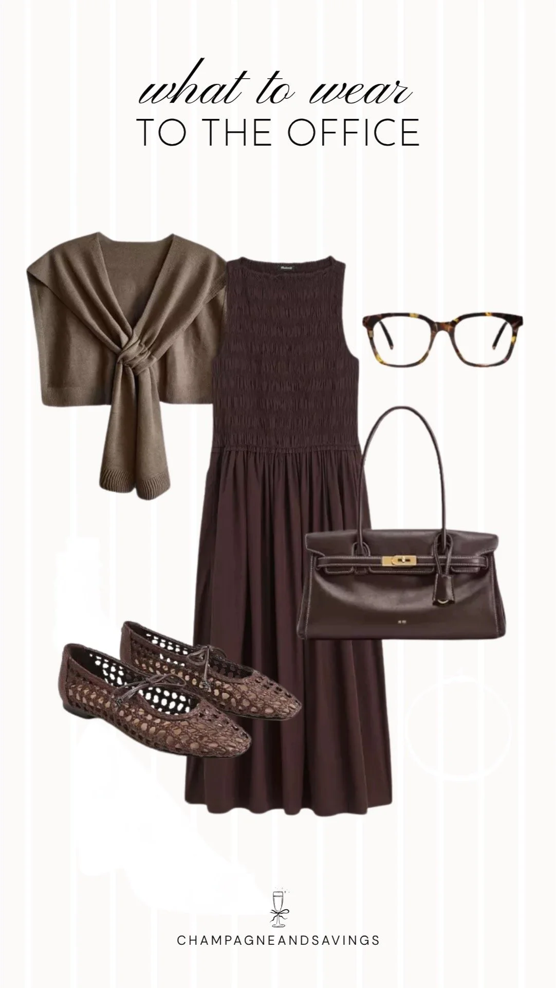 Collage of outfit pieces featuring a brown smocked midi dress styled with a sweater draped over the shoulders for a chic and cozy summer office outfit idea when the office is freezing.
