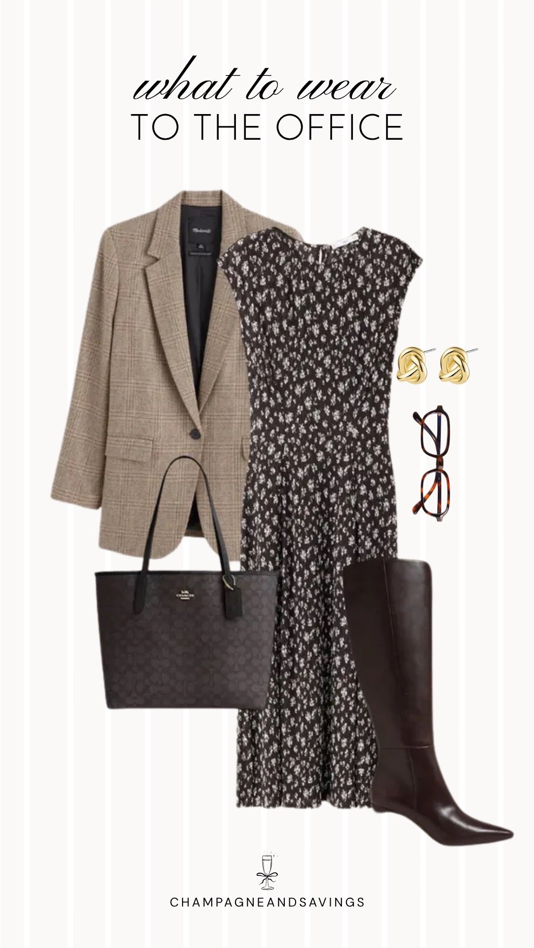 Collage of outfit pieces featuring a plaid blazer layered over a floral dress and paired with boots for a polished fall outfit that blends classic tailoring with feminine style.