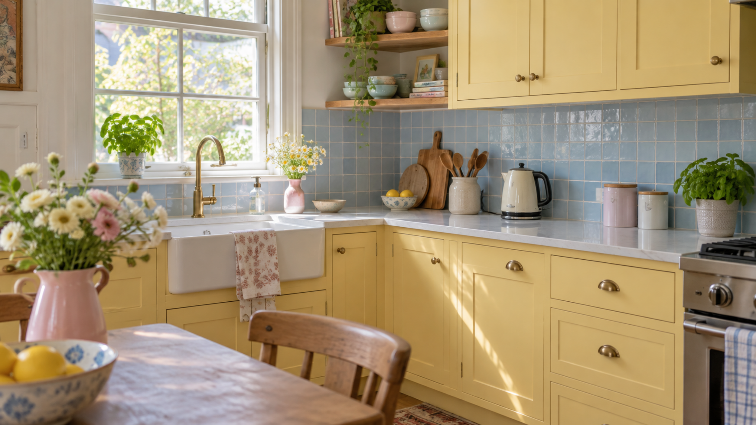 kitchen with butter yellow cabinets and light blue backsplash