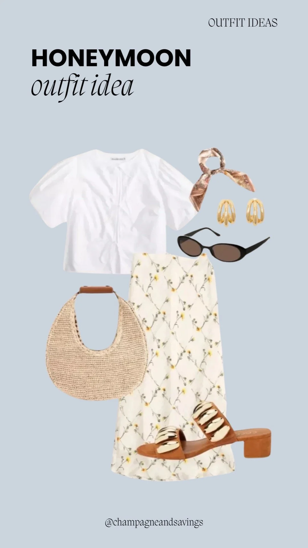 Honeymoon outfit idea collage featuring a white crop top paired with a floral midi skirt, styled with accessories for a fun and romantic bridal vacation look.