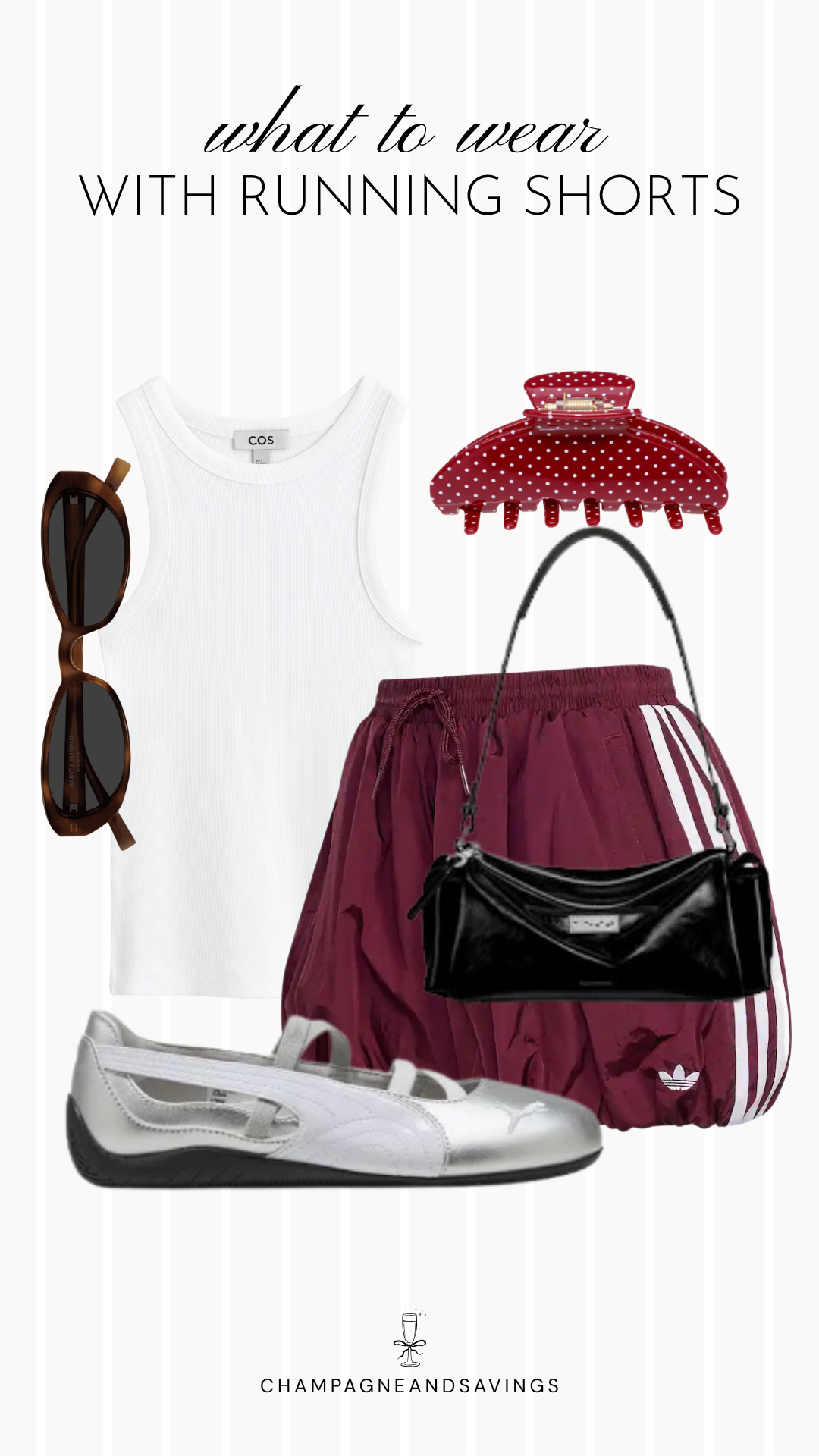 A sporty running shorts outfit featuring athletic running shorts paired with a simple tank top and ballet sneakers, creating a comfortable yet trendy look perfect for warm-weather days, walks, or casual outings.