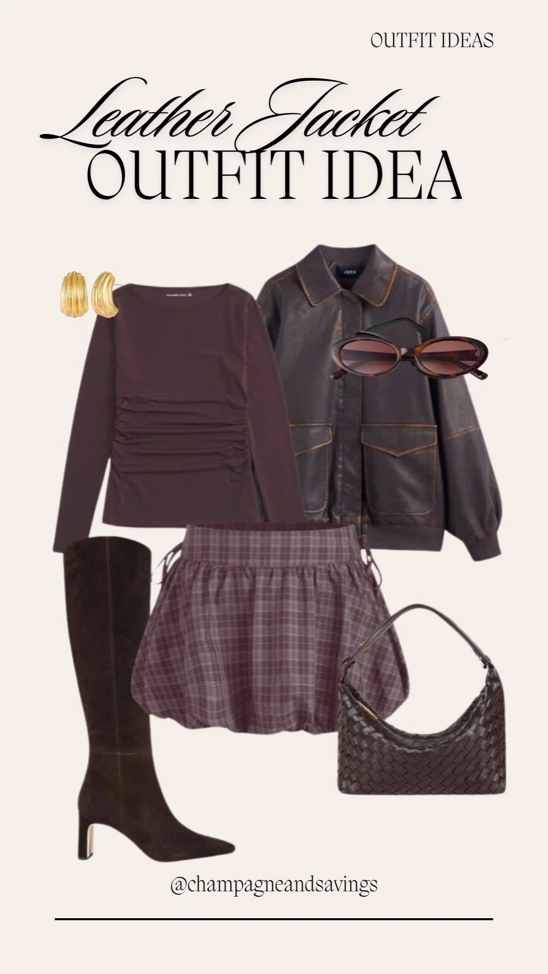 leather jacket, Plaid Skirt and Long Sleeve Top
