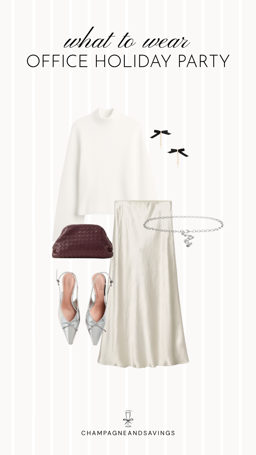 Work holiday party outfit idea featuring an ivory sweater styled with a satin midi skirt and coordinating outfit pieces for a chic, polished office party look.