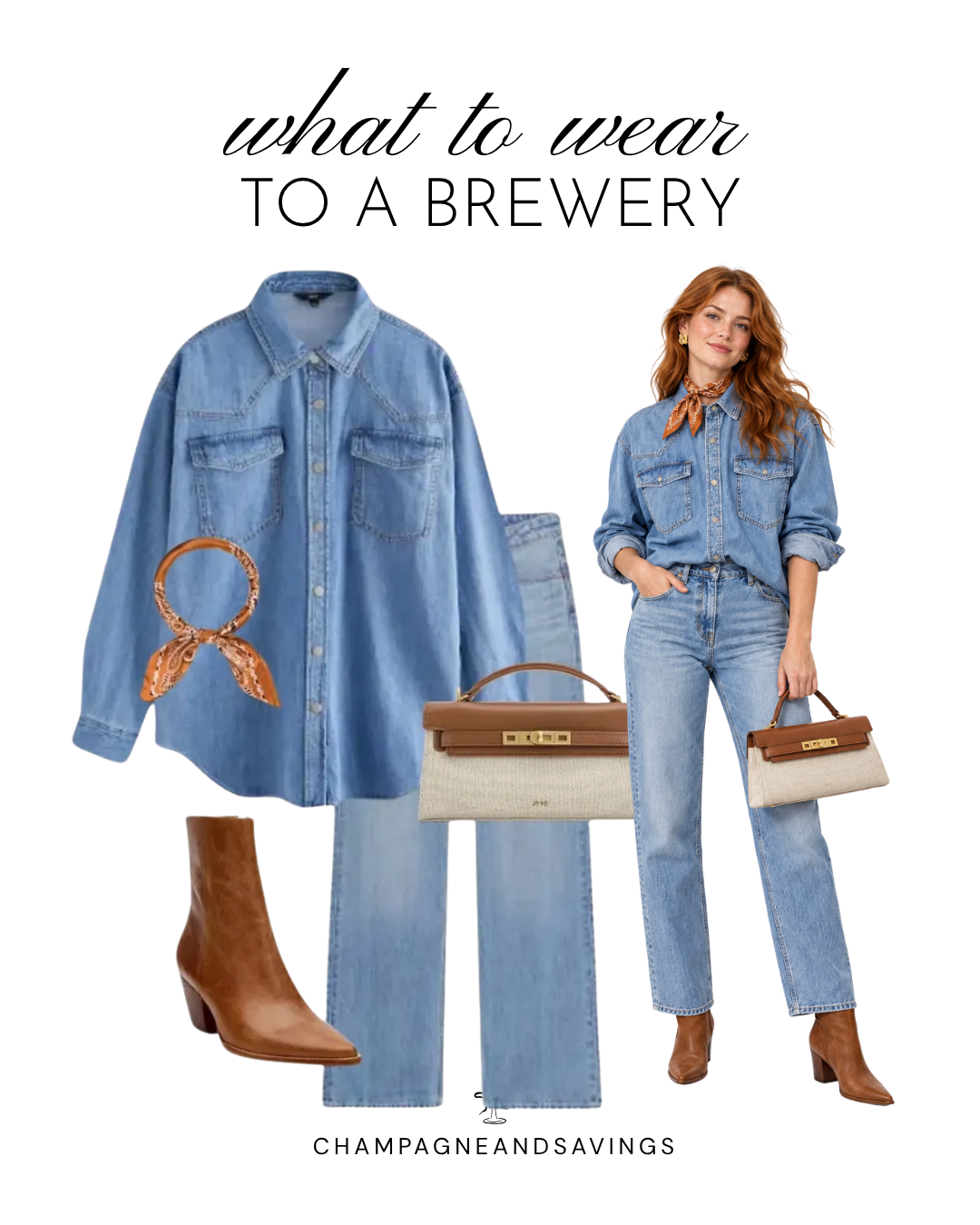 Trendy denim-on-denim brewery outfit with a light-wash denim shirt, matching jeans, brown heeled boots, and neck scarf.