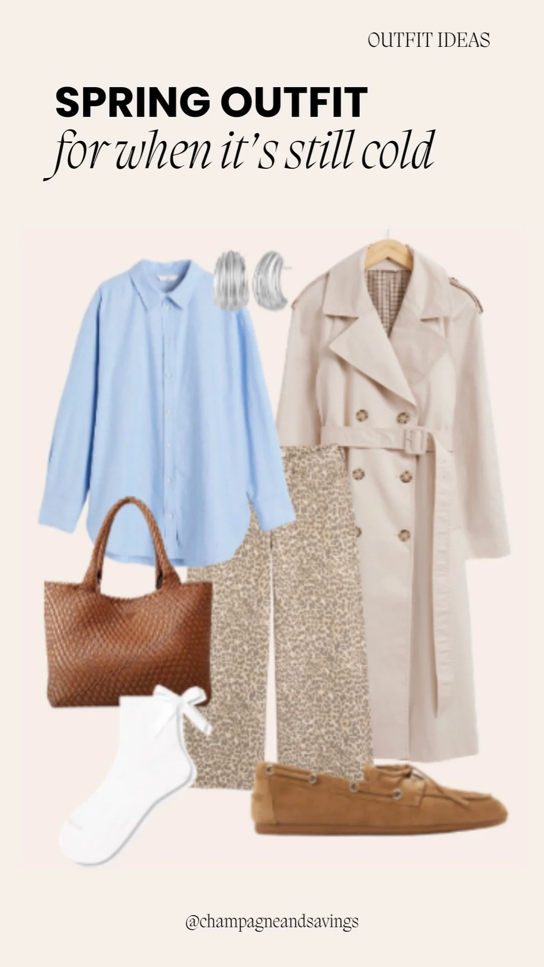 Trench coat outfit styled with a button-down shirt and leopard print pants for a chic statement spring look.