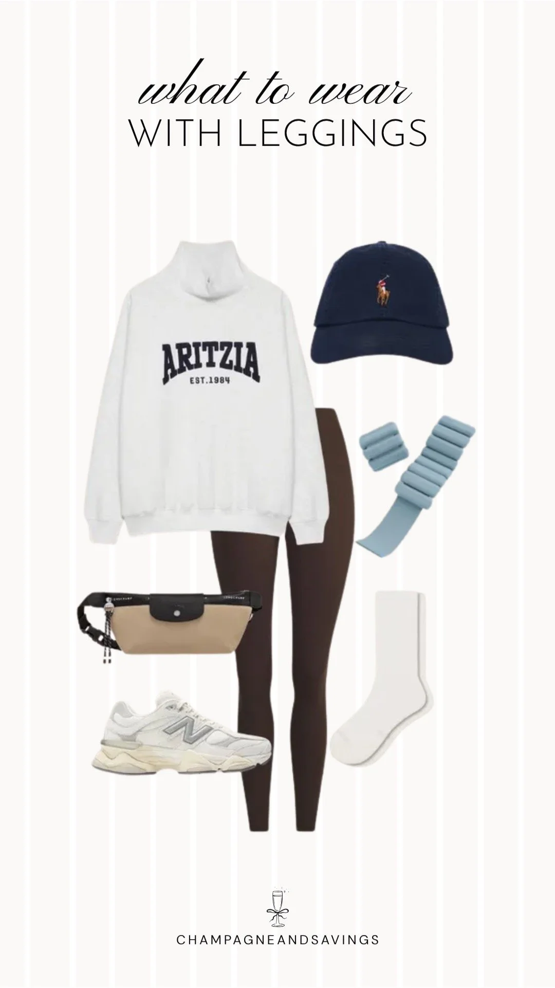Collage of outfit pieces featuring black leggings styled with a quarter zip sweatshirt and sneakers for a sporty and cozy fall outfit.