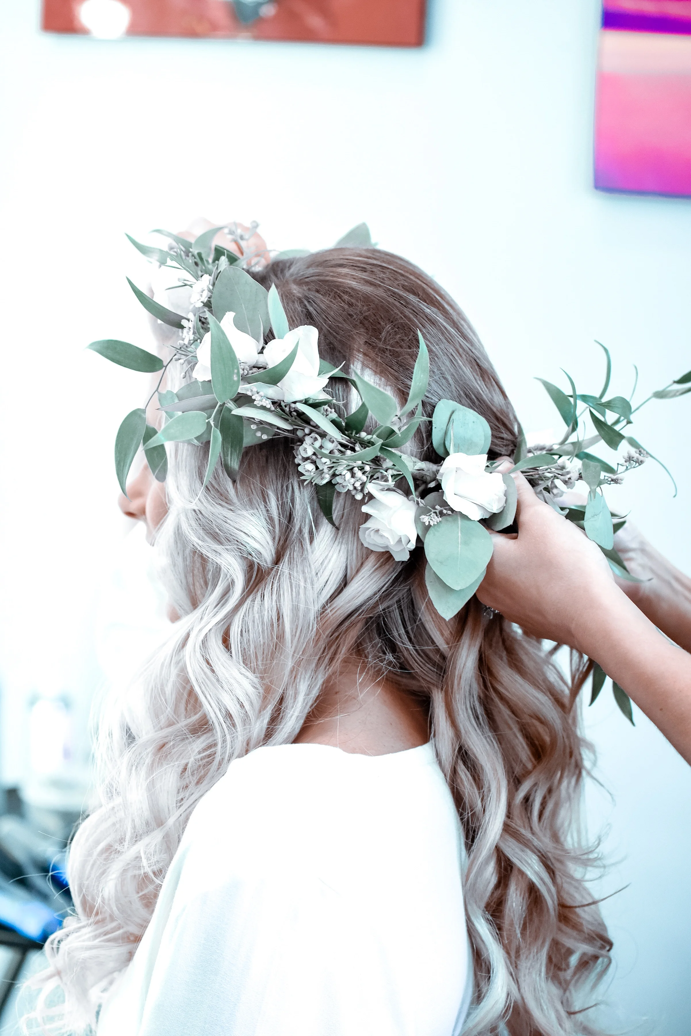 Expertly fitting my flower crown to my head! (Made by my florist!! DayDream Floral)