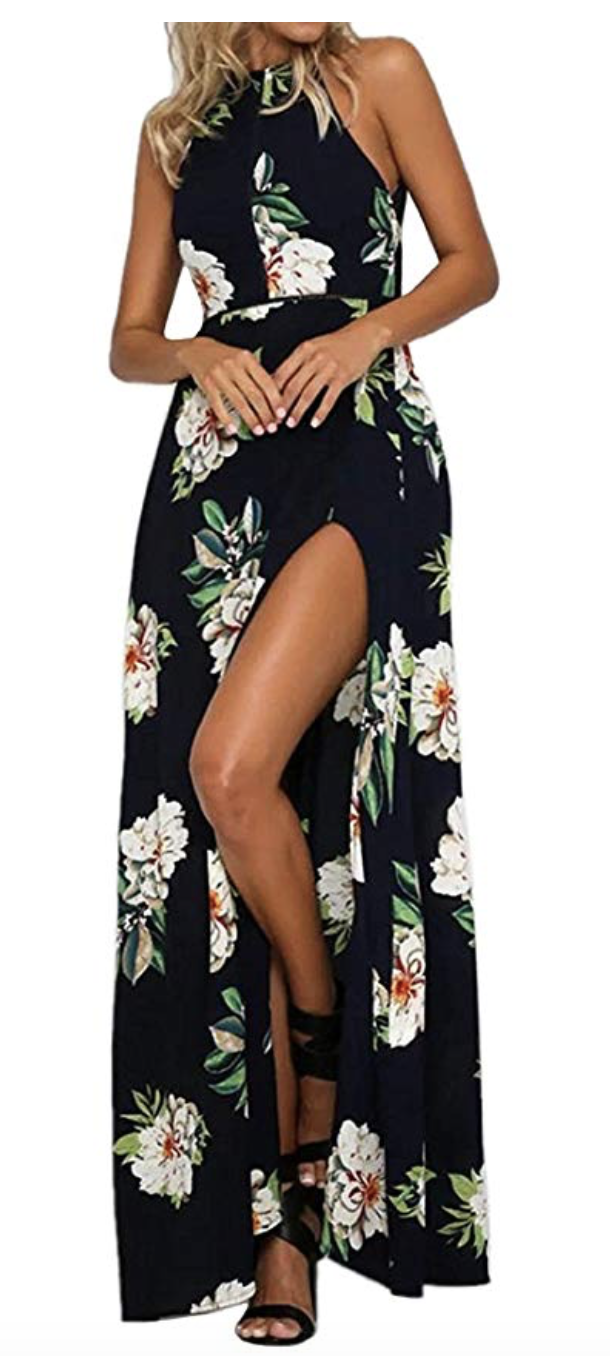black floral halter maxi dress