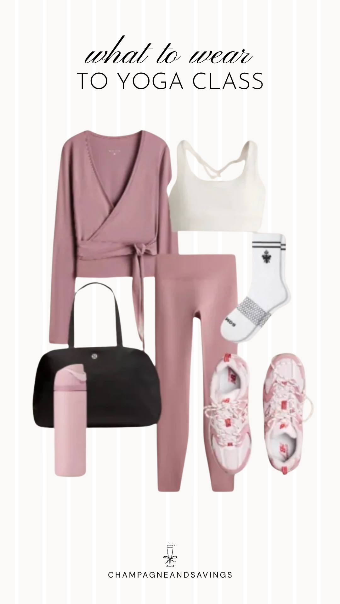 Collage of yoga outfit pieces featuring a wrap top layered over a matching sports bra and coordinating leggings, creating a comfortable and stylish look for yoga class or low-impact workouts.