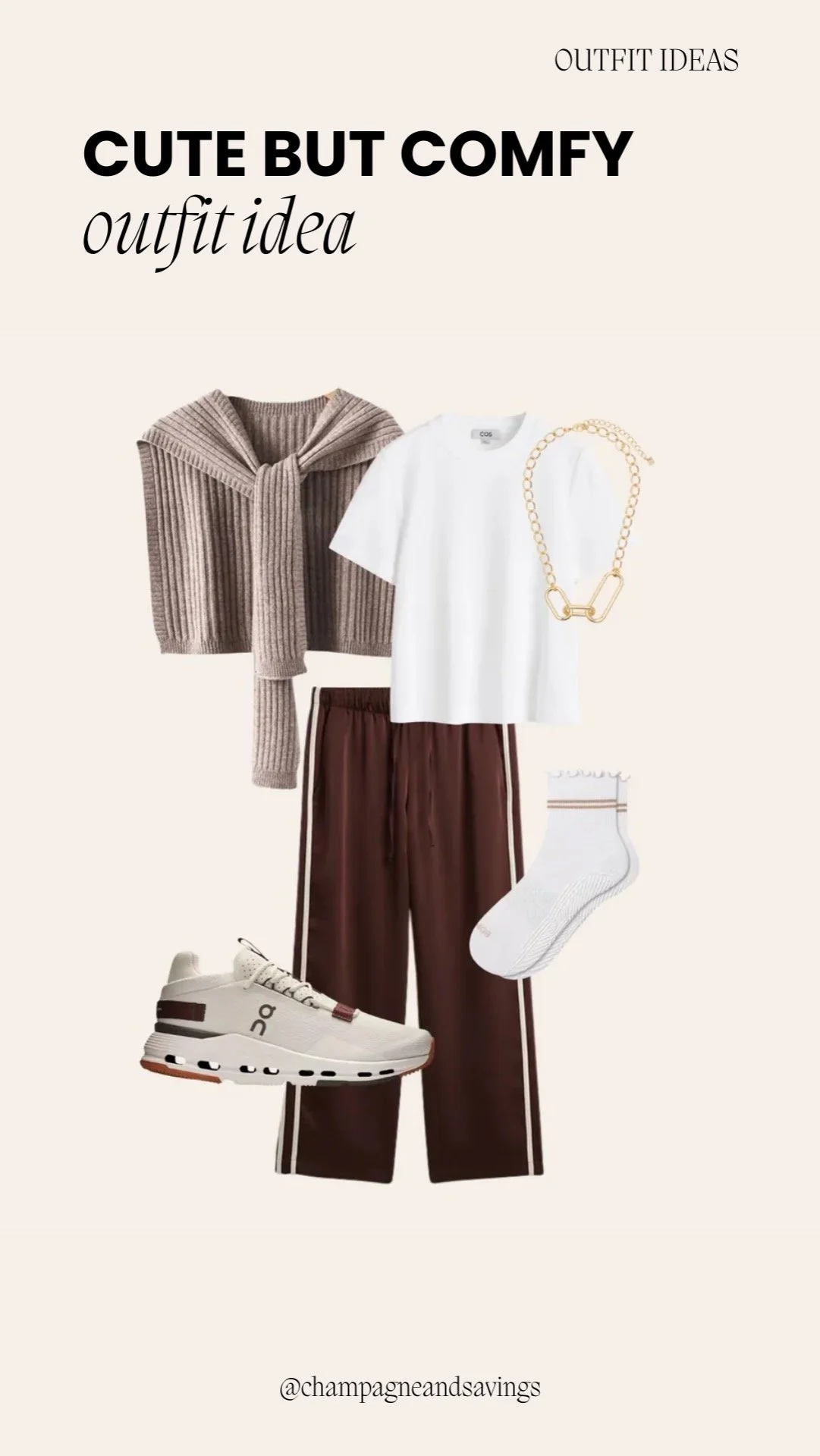 Outfit collage showing a cute and comfy outfit idea with track pants, a tee, and a sweater draped over the shoulders.