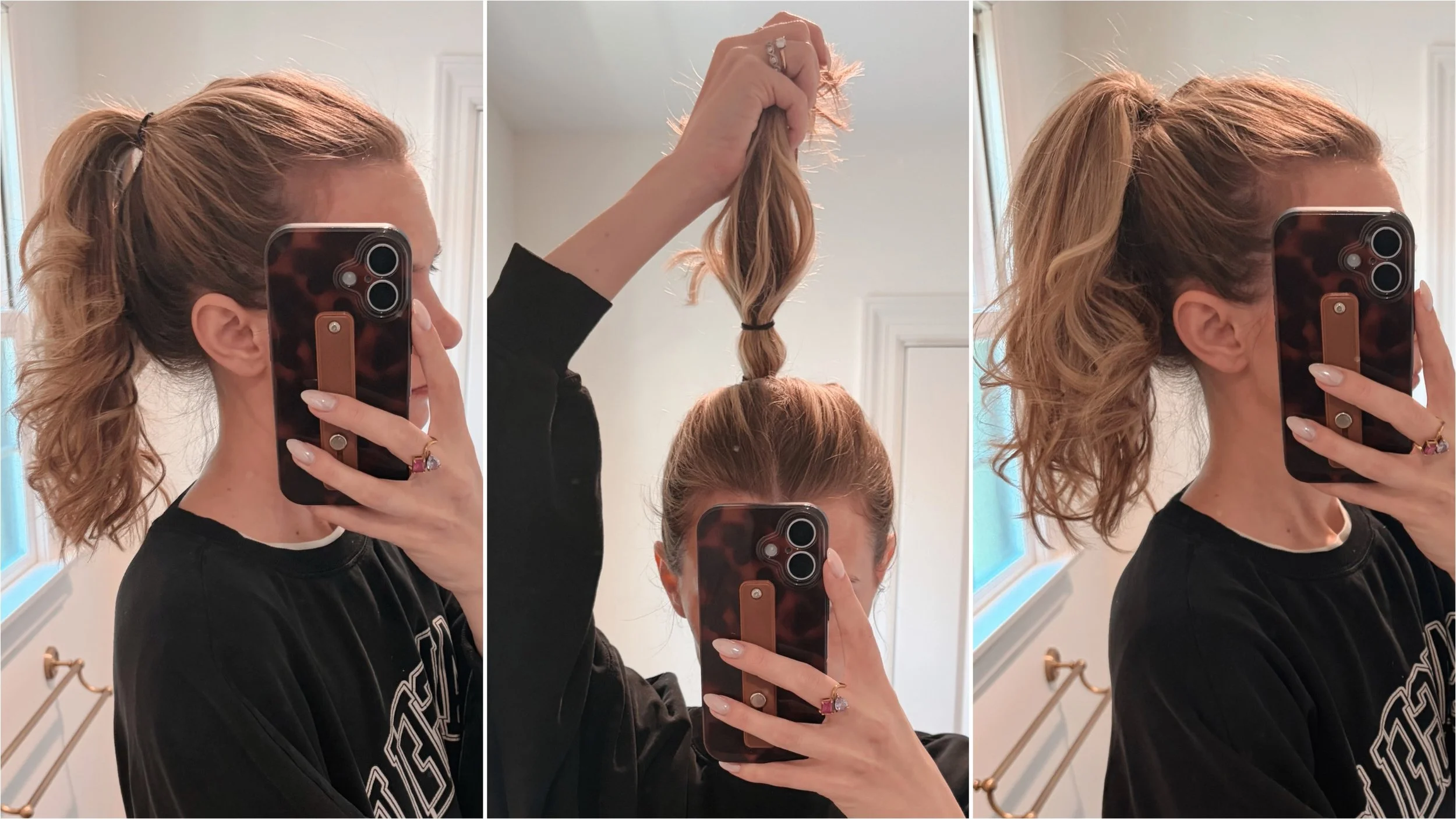 woman before, during, and after trying a ponytail volume hack
