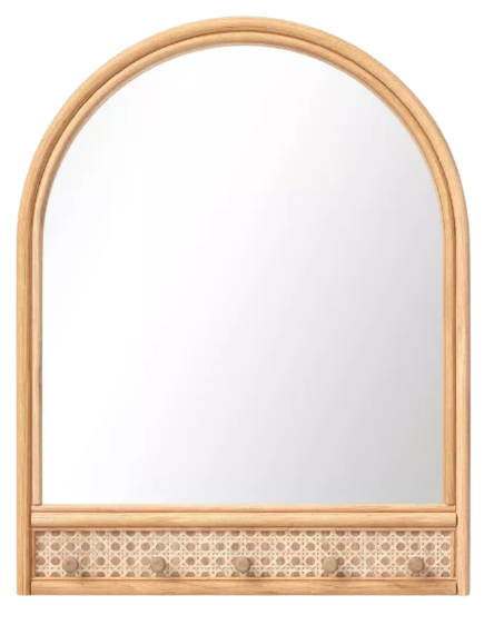 rattan half oval mirror with hooks