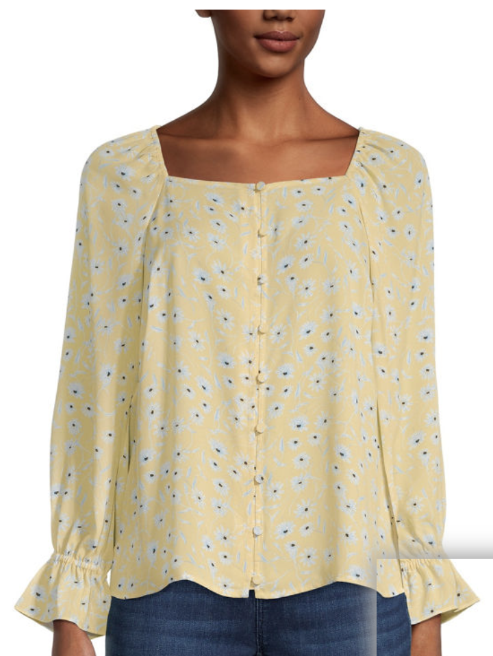 yellow floral square necklin blouse