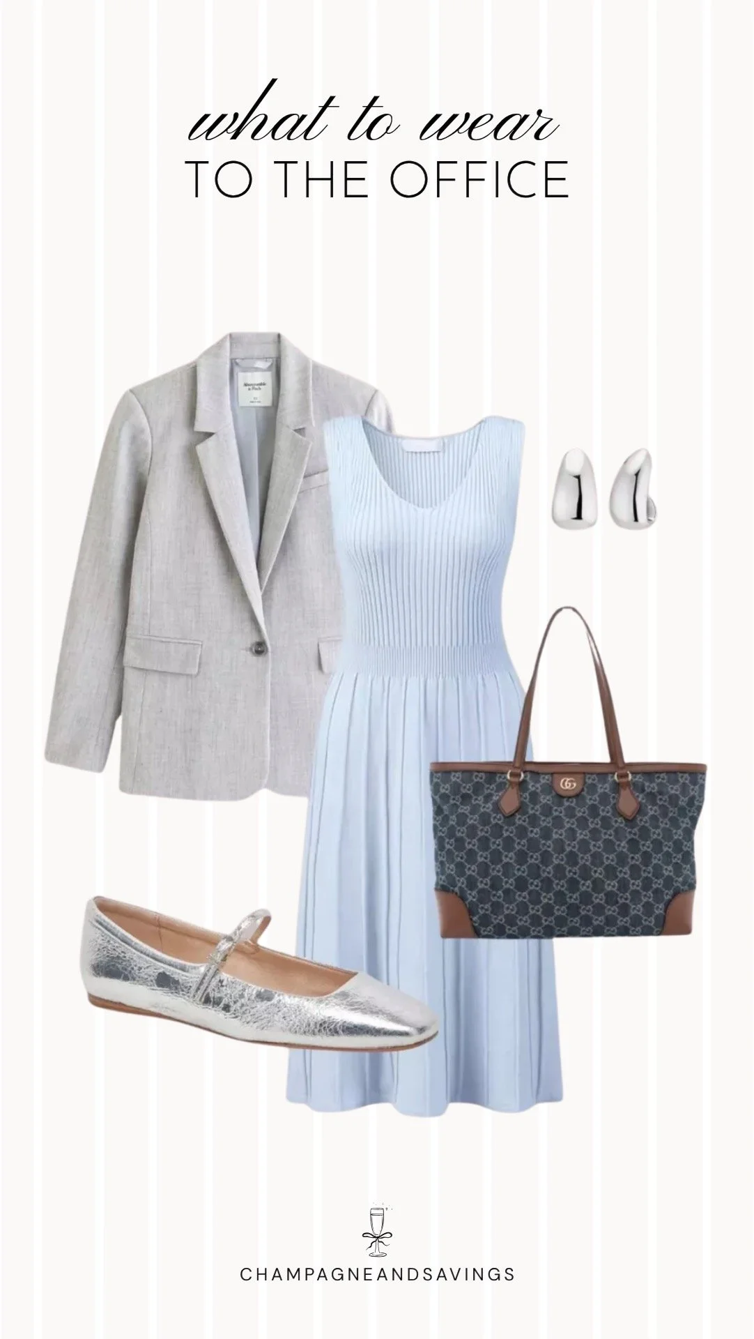 Collage of outfit pieces featuring a light blue knit dress styled with a linen blazer for a polished and effortless summer office outfit idea for chilly office days.