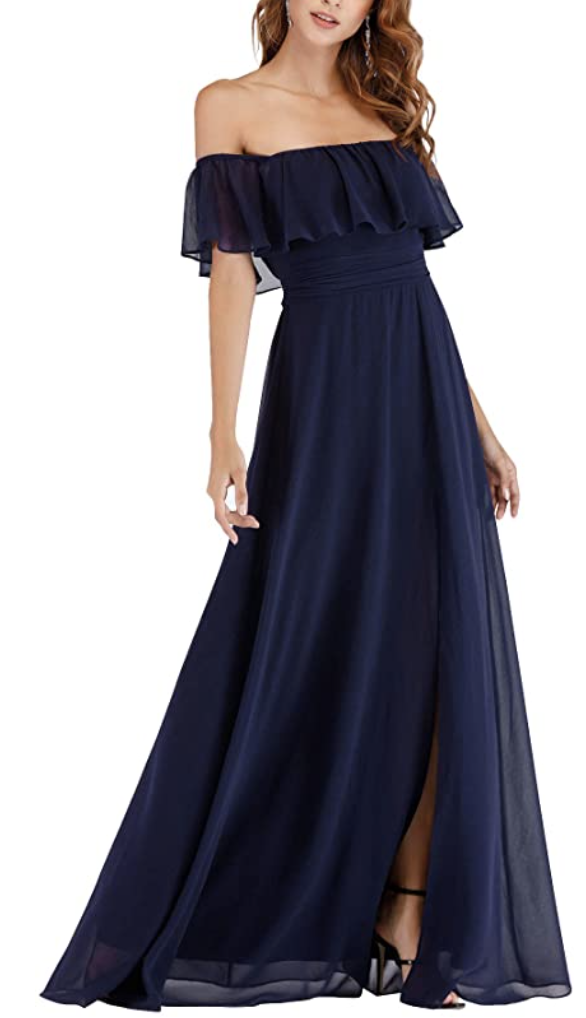 navy blue off the shoulder gown