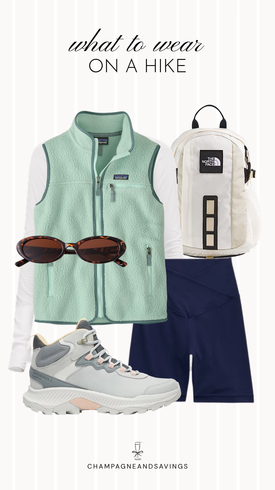 A collage of outfit pieces featuring a mint fleece vest layered over a white base layer with navy hiking shorts, creating a comfortable, lightweight, and functional hiking outfit for cool mornings on the trail.