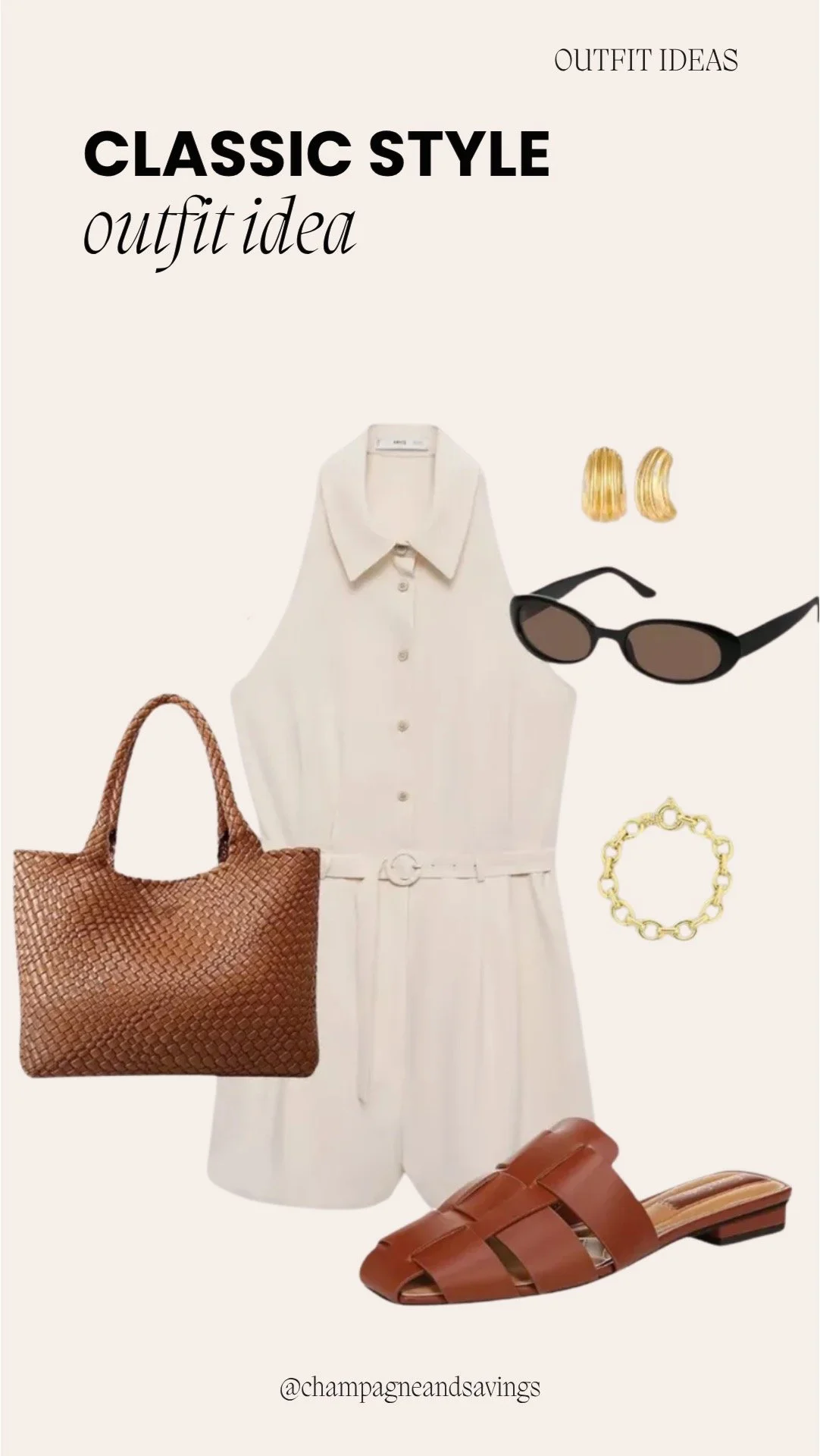Image of a classic outfit collage featuring a cream sleeveless shirt romper and woven slides styled together with coordinating accessories arranged as outfit pieces