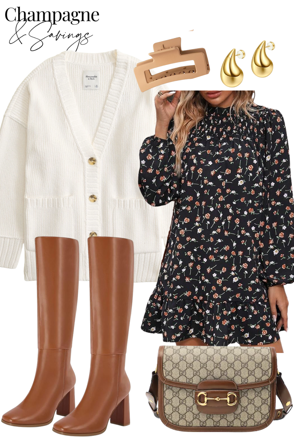 product collage with white cardigan, beige claw clip, gold tear drop earrings, black floral mini dress, brown riding boots, and gucci crossbody bag