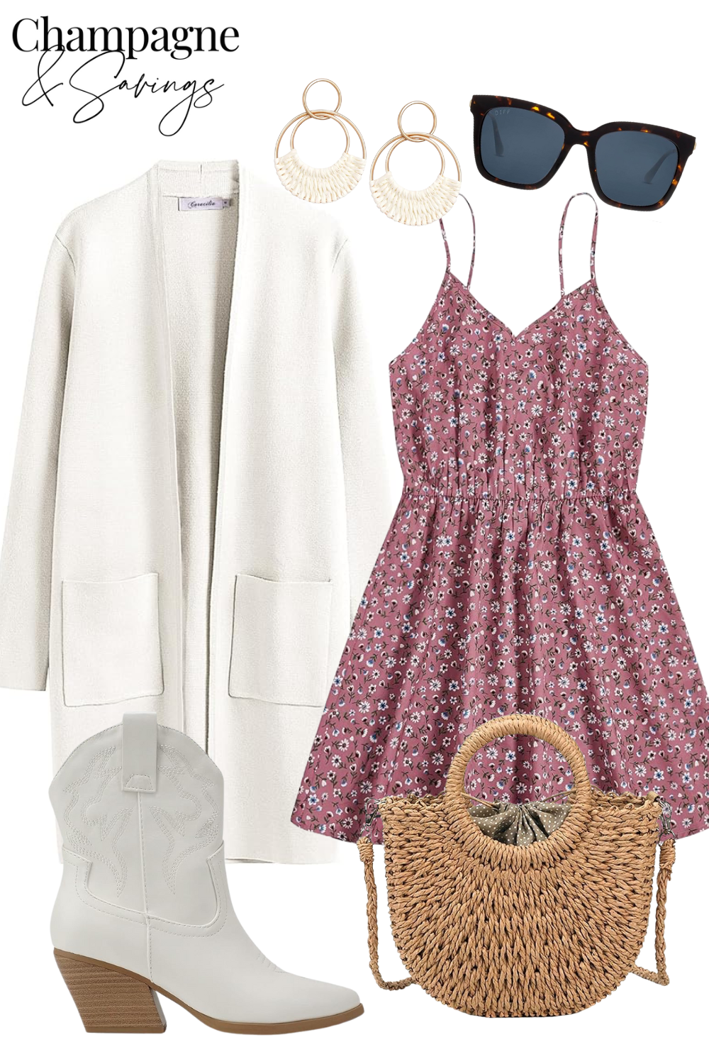 product collage with long white cardigan, gold and white earrings, black sunglasses, white cowgirl booties, red floral mini dress, and straw bag