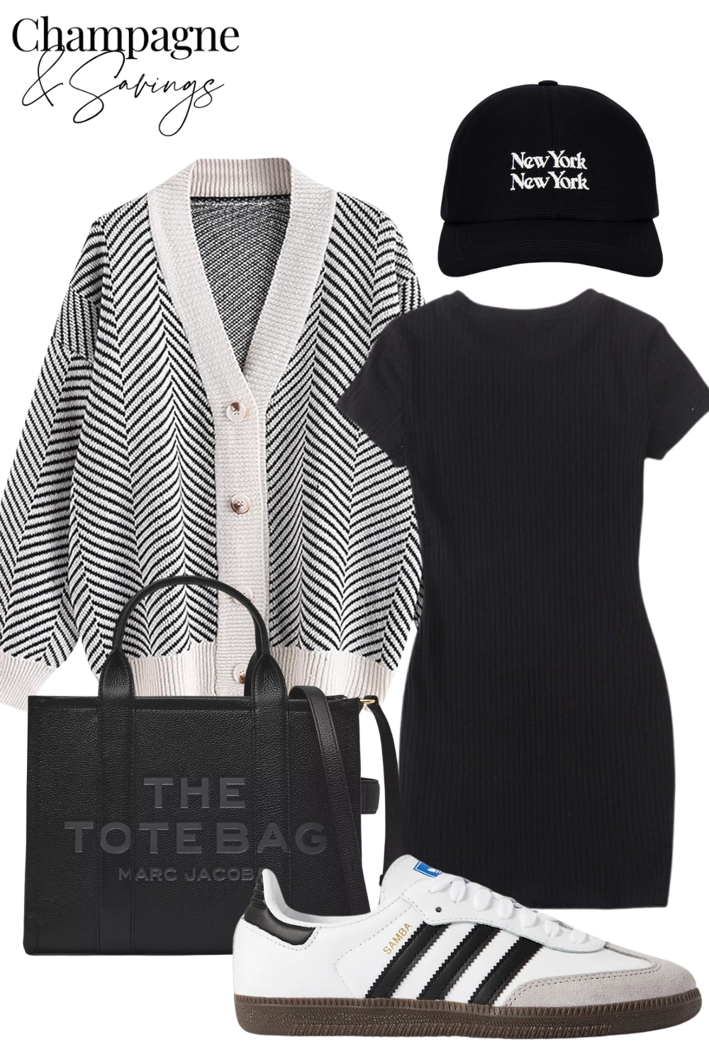 product collage with black and white striped cardigan, black baseball cap that says New York New York on it, black tshirt dress, black tote bag, and Adidas sneakers