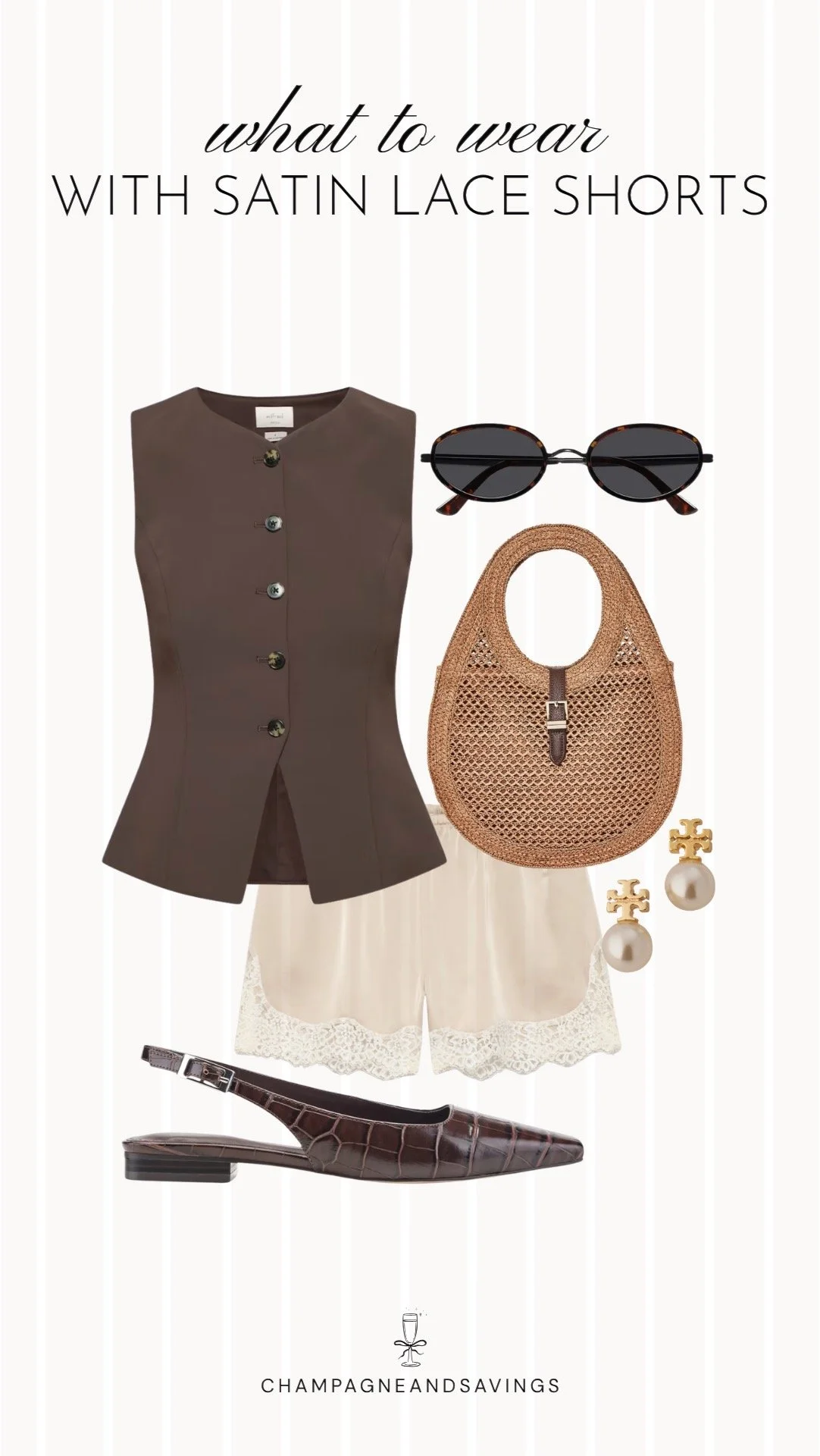 Collage of outfit pieces featuring satin lace shorts styled with a brown vest and slingback shoes for a polished, chic outfit
