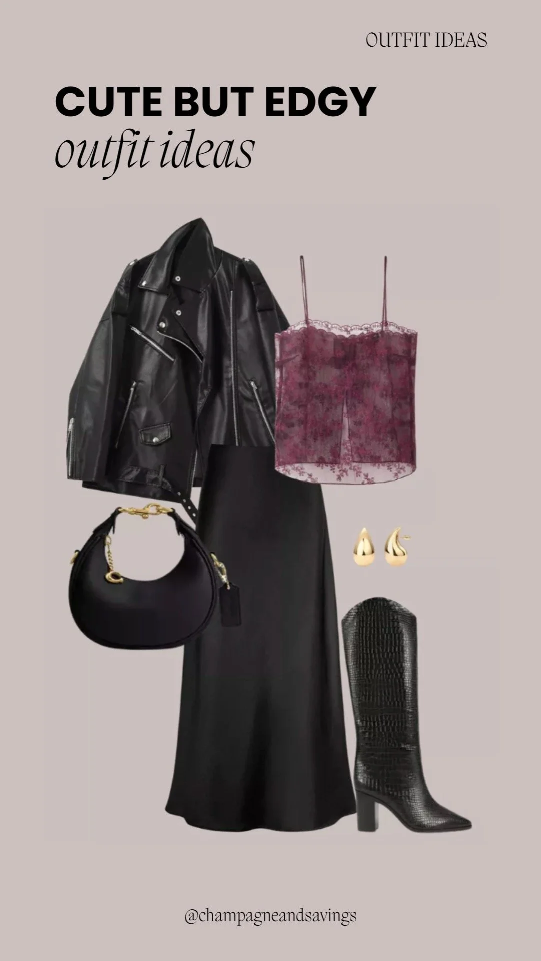 Leather jacket styled with a slip skirt and lace top for a chic, edgy outfit.