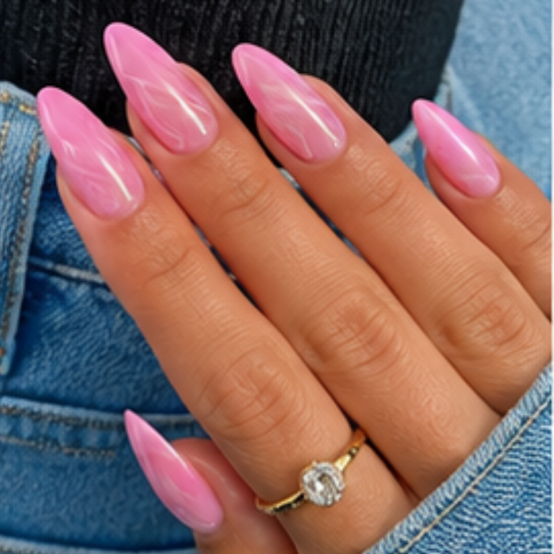 Pink manicure idea featuring strawberry milk aura.