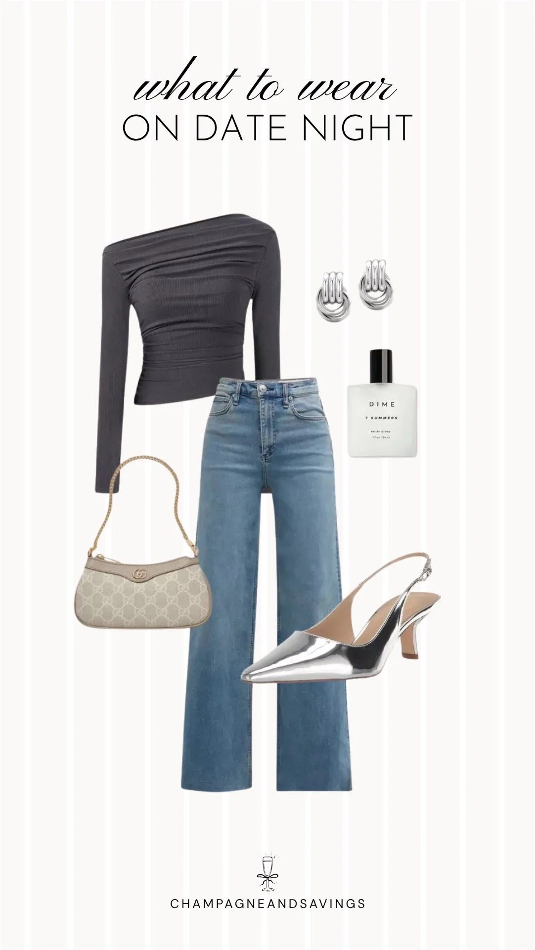 Collage of outfit pieces featuring an off shoulder top styled with wide leg jeans and silver heels for a chic and elevated fall date night outfit idea.