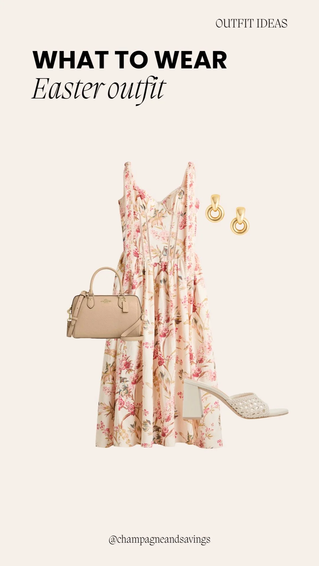 Easter outfit ideas collage showing a floral sundress paired with neutral accessories and coordinating outfit pieces.