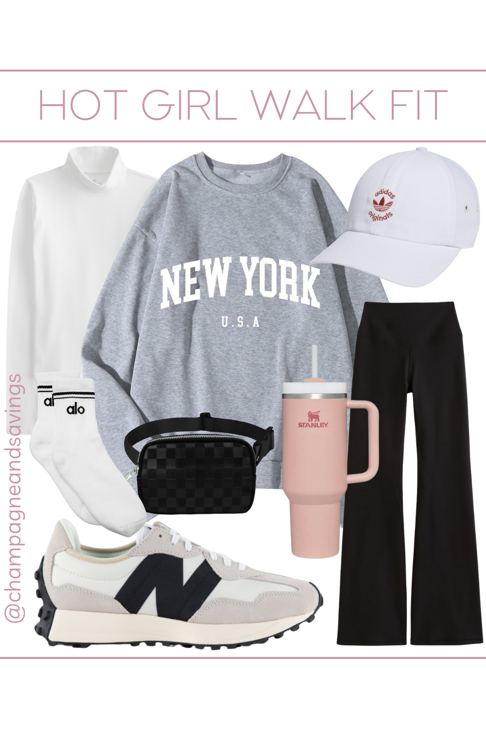 an outfit collage with a crew neck sweatshirt, black flare legging, new balance sneakers, adidas hat, alo yoga socks, pink stanley cup, and black belt bag