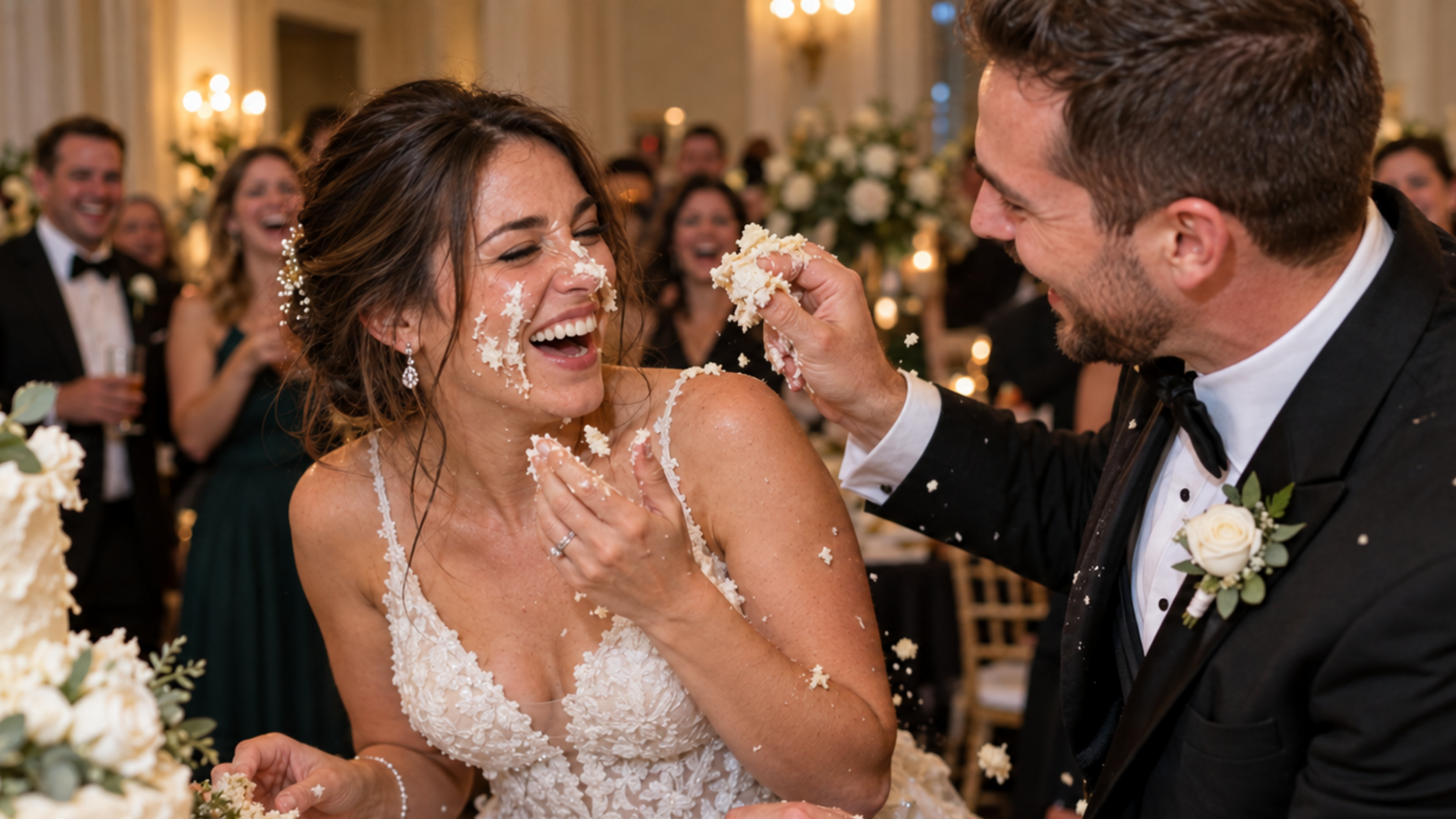 Bride laughing with buttercream on her face as the groom holds a piece of wedding cake.