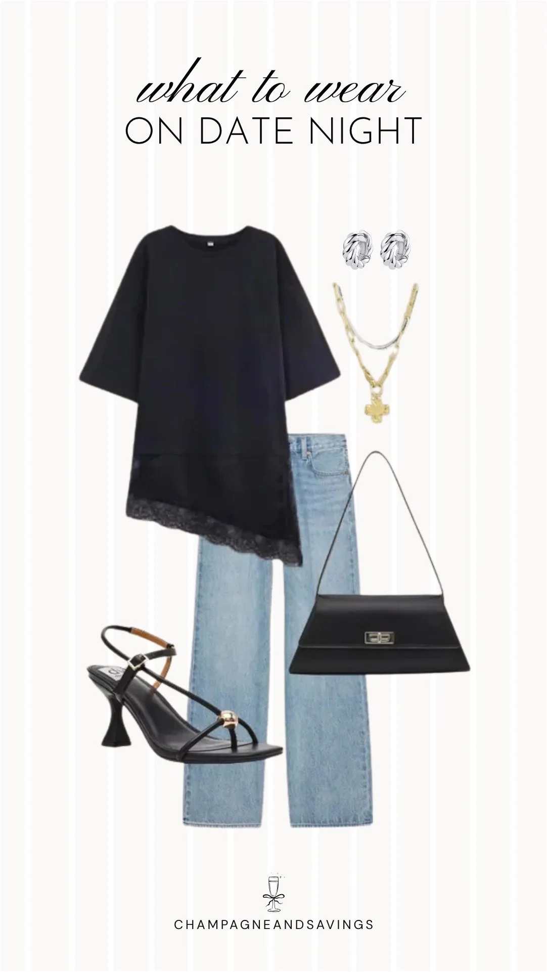 Collage of outfit pieces featuring an asymmetric lace trim top styled with light wash jeans for a chic and feminine fall date night outfit idea.