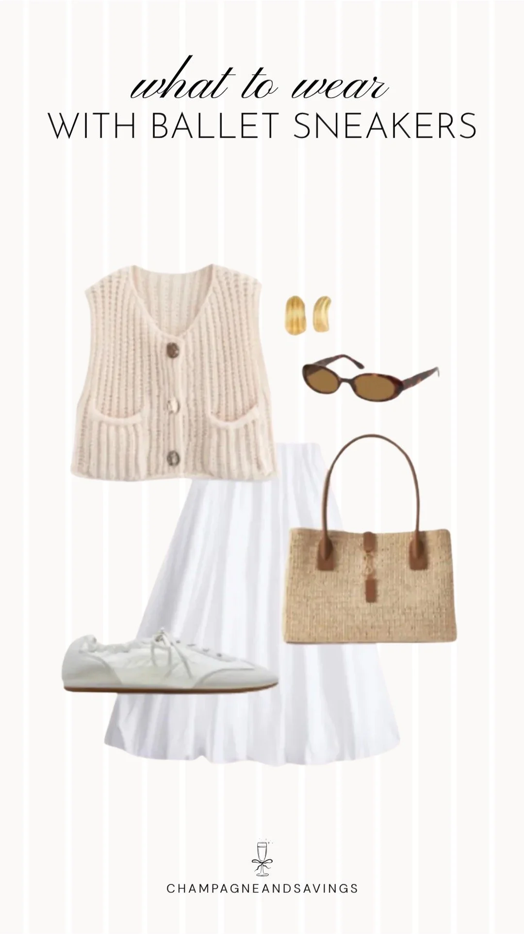 Collage of outfit pieces featuring ballet sneakers paired with a knit vest and a white midi bubble skirt for a feminine outfit that blends classic and playful style.