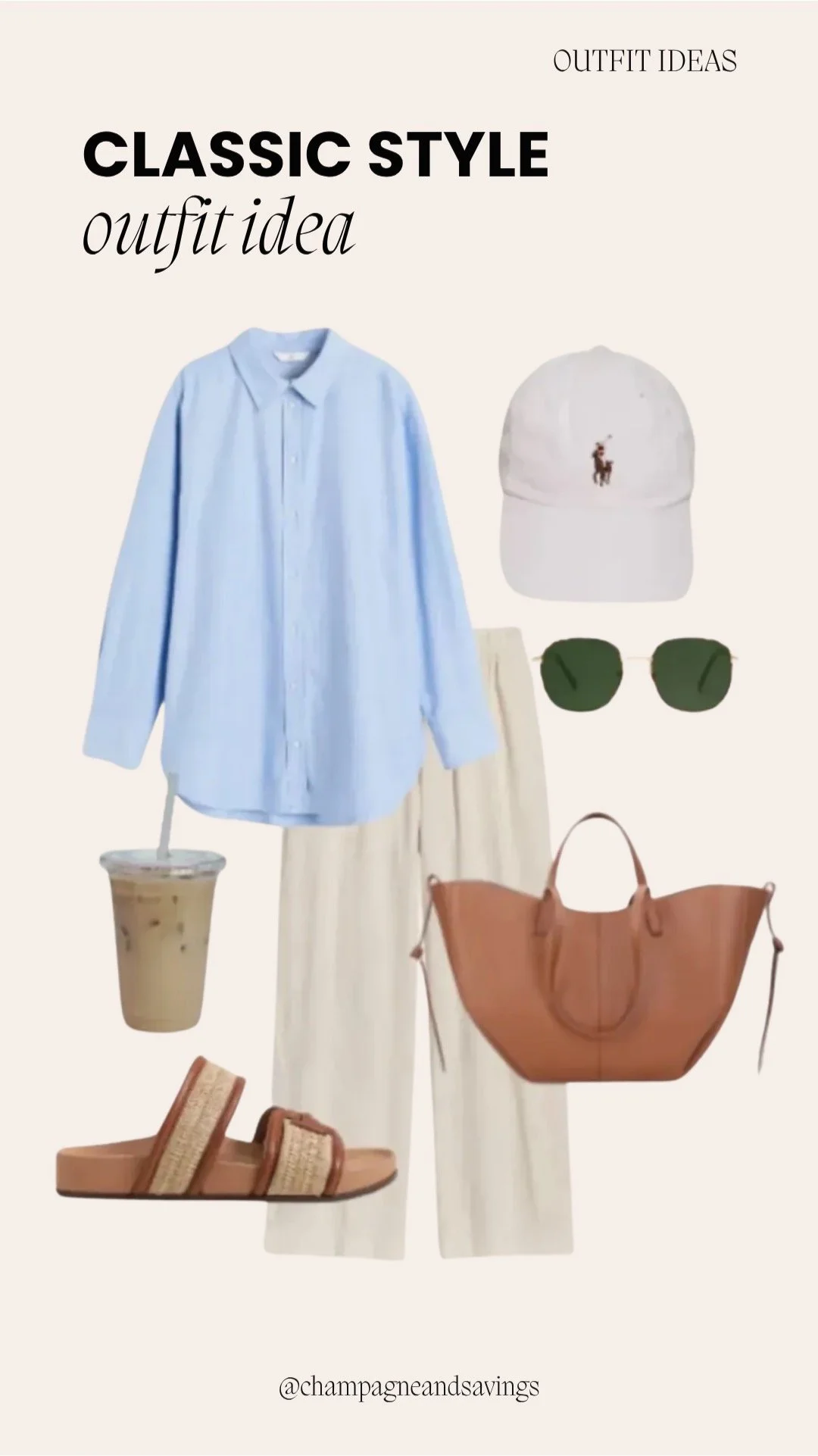 Image of a classic outfit collage featuring a blue linen button down, cream trousers, and raffia sandals styled together with coordinating accessories arranged as outfit pieces