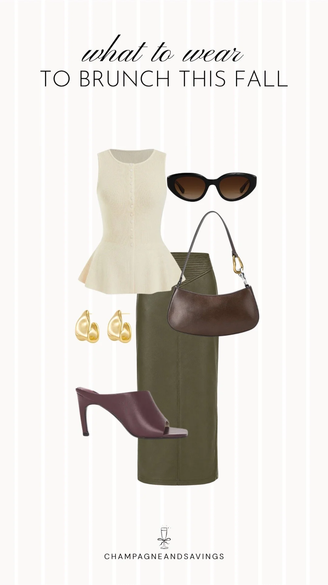 Collage of outfit pieces featuring a peplum top styled with an olive leather midi skirt and heeled mules for a polished and trendy fall brunch outfit idea.