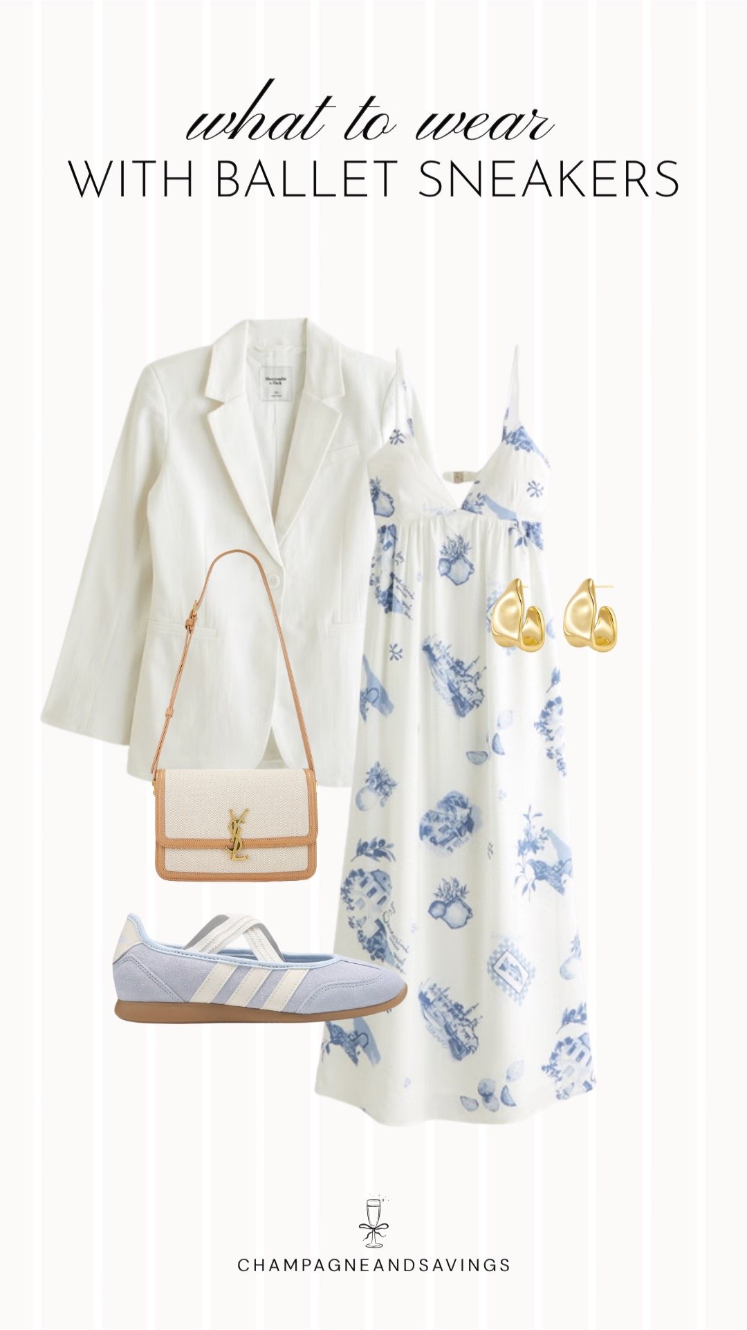 Collage of outfit pieces featuring ballet sneakers paired with a slip dress and a white blazer for a chic outfit that blends elegant and casual style.