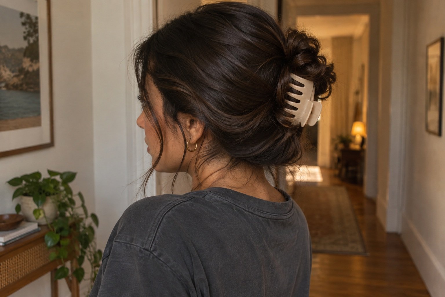 Image featuring a Messy Claw Clip Bun as a cute, easy hairstyle.