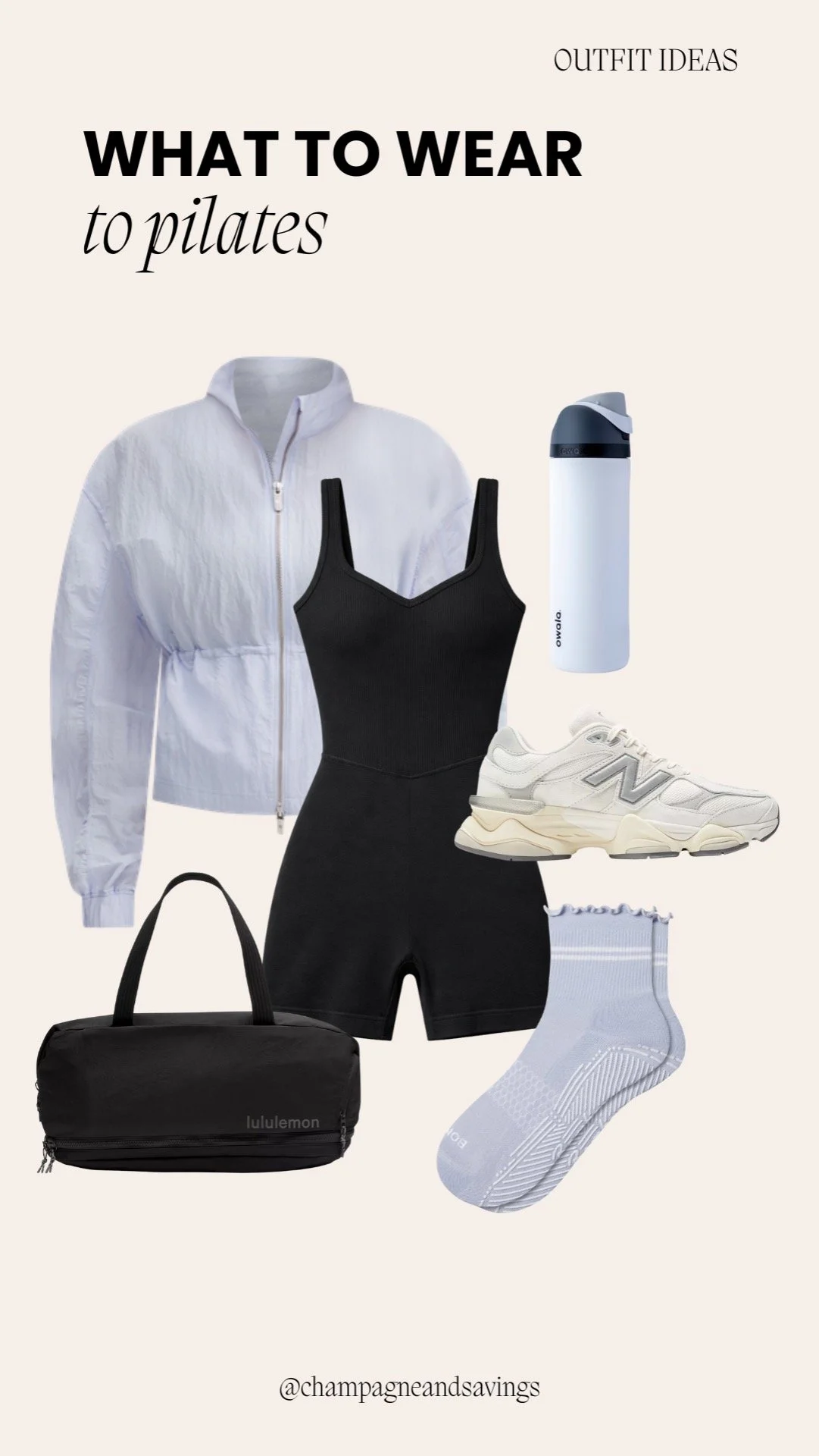 Collage of a black jumpsuit styled for Pilates.