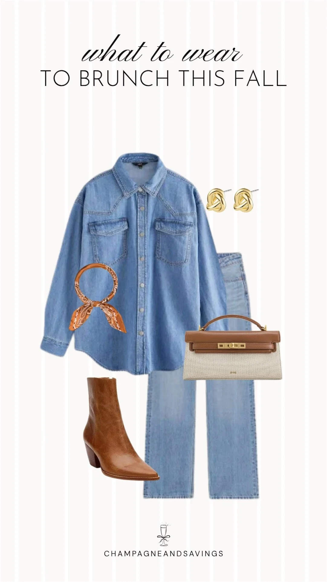 Collage of outfit pieces featuring a denim shirt styled with light wash jeans and western booties for a casual fall brunch outfit idea with a laid-back western vibe.
