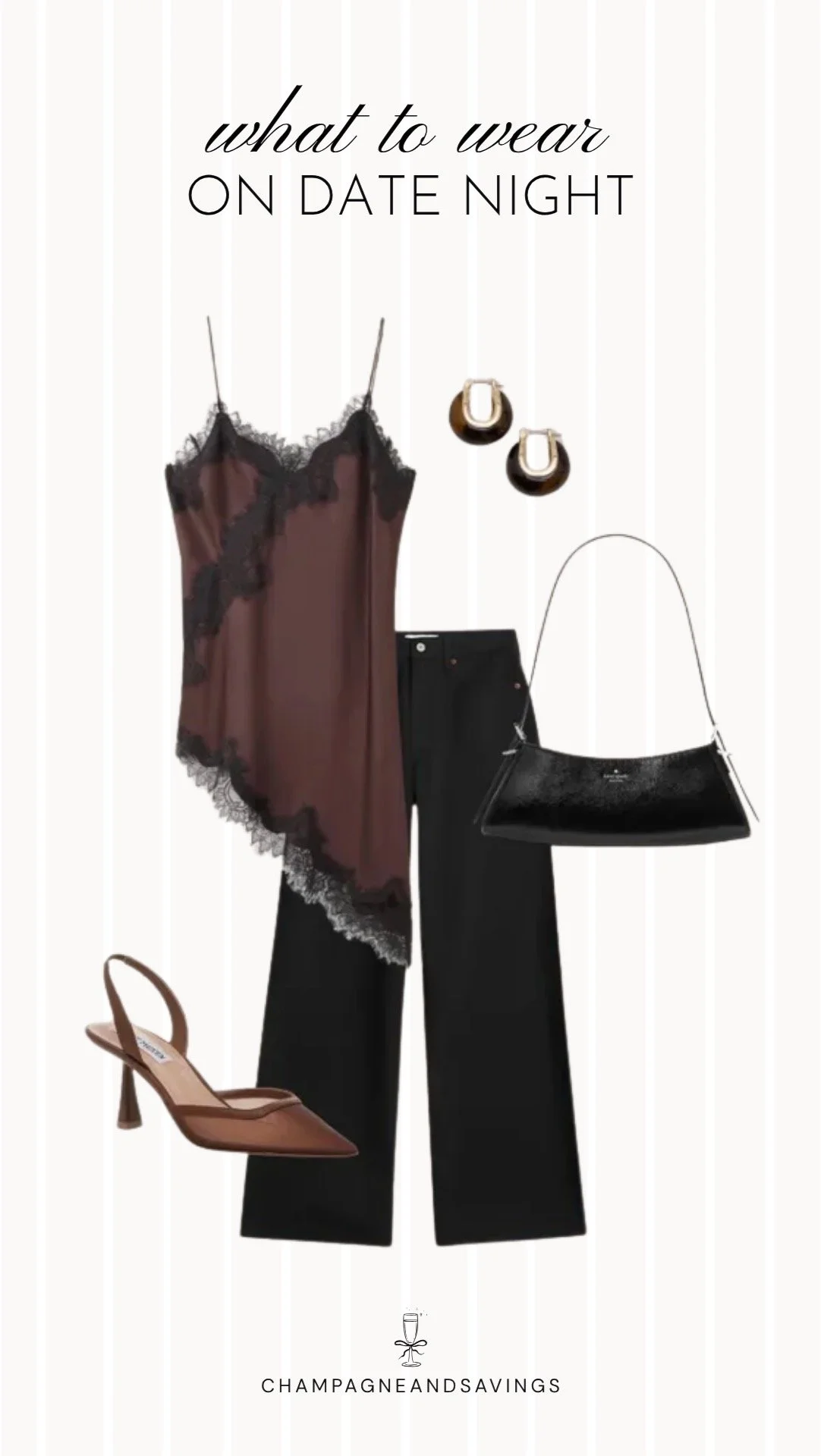 Collage of outfit pieces featuring a lace cami styled with black wide leg jeans for a sleek and elevated fall date night outfit idea.