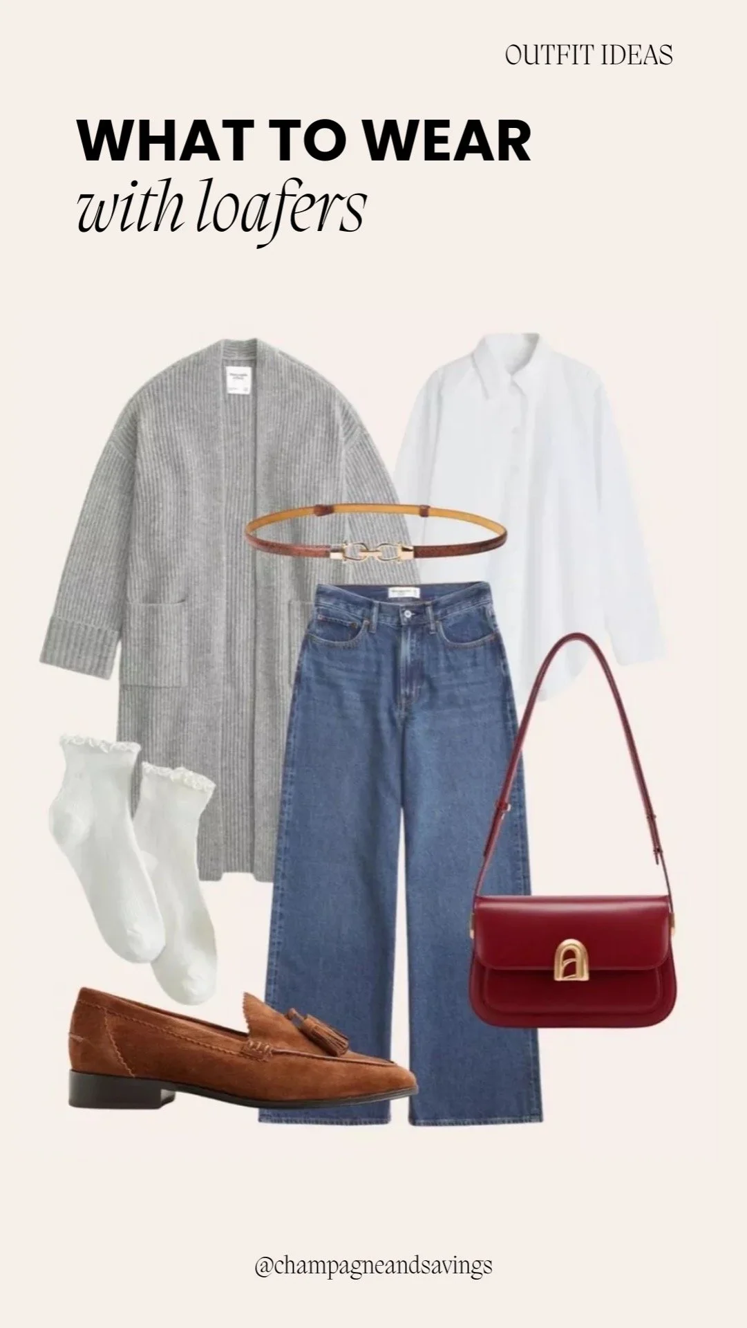 Outfit featuring loafers styled with jeans and a cardigan