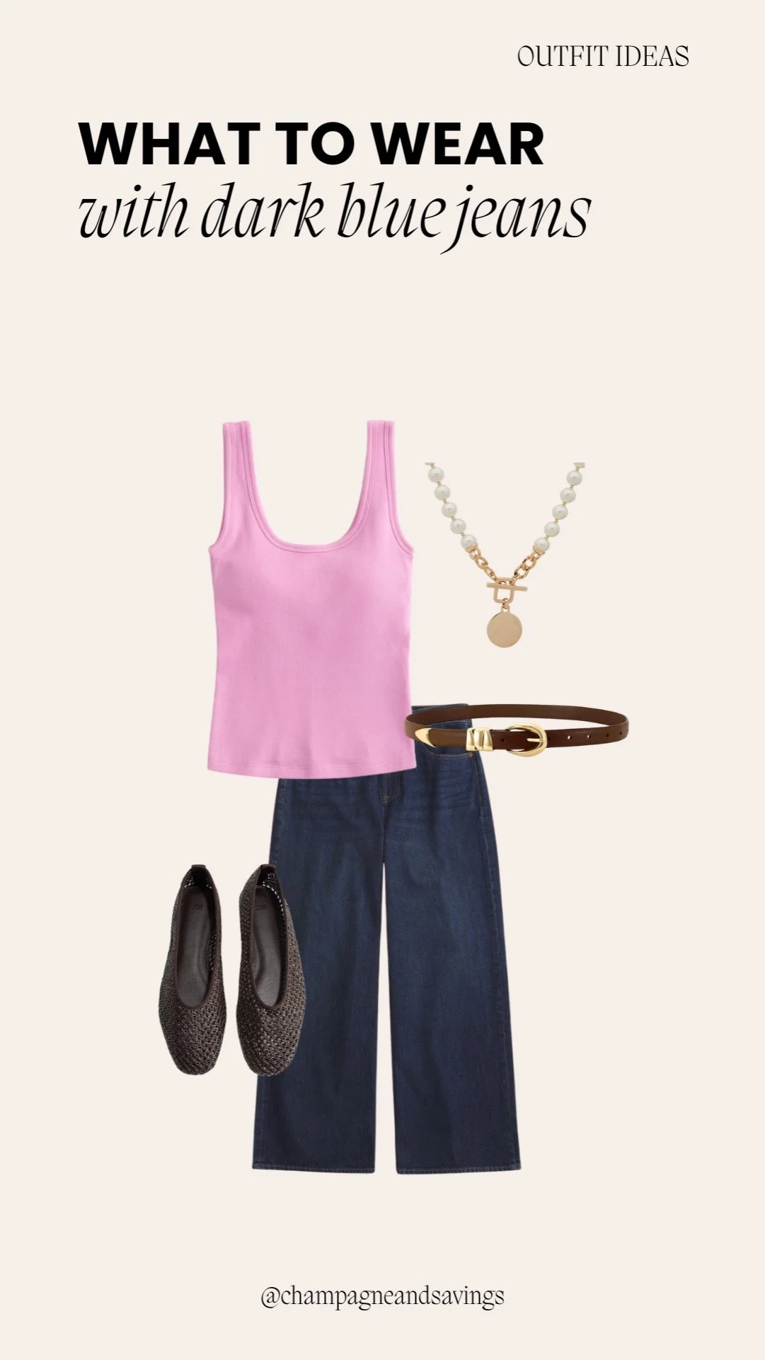 Collage of outfit pieces for a “Pink Tank + Ballet Flats” dark denim look, featuring dark denim paired with a pink tank top and ballet flats, styled in a soft feminine chic aesthetic.