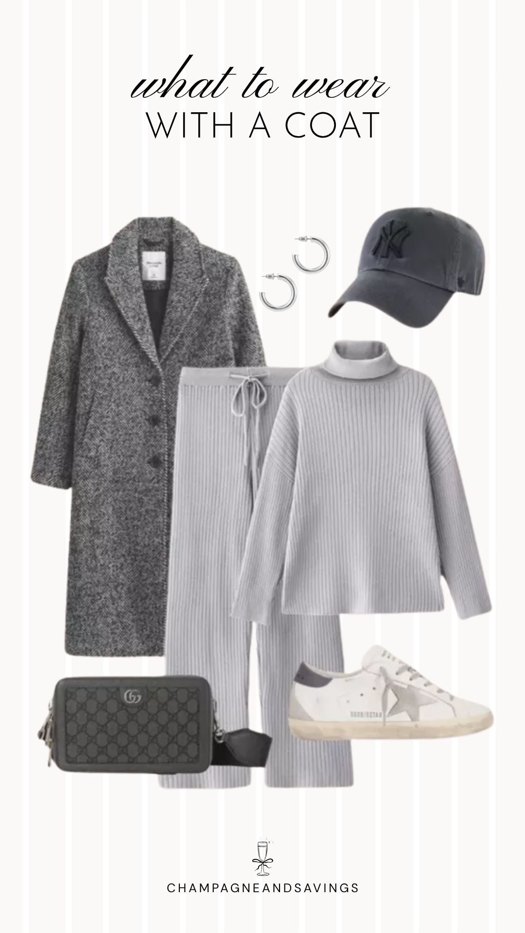 Coat styling idea featuring a knit set layered with a herringbone coat and paired with sneakers, shown in a fall fashion collage with coordinated outfit pieces for a cozy and polished layered look.