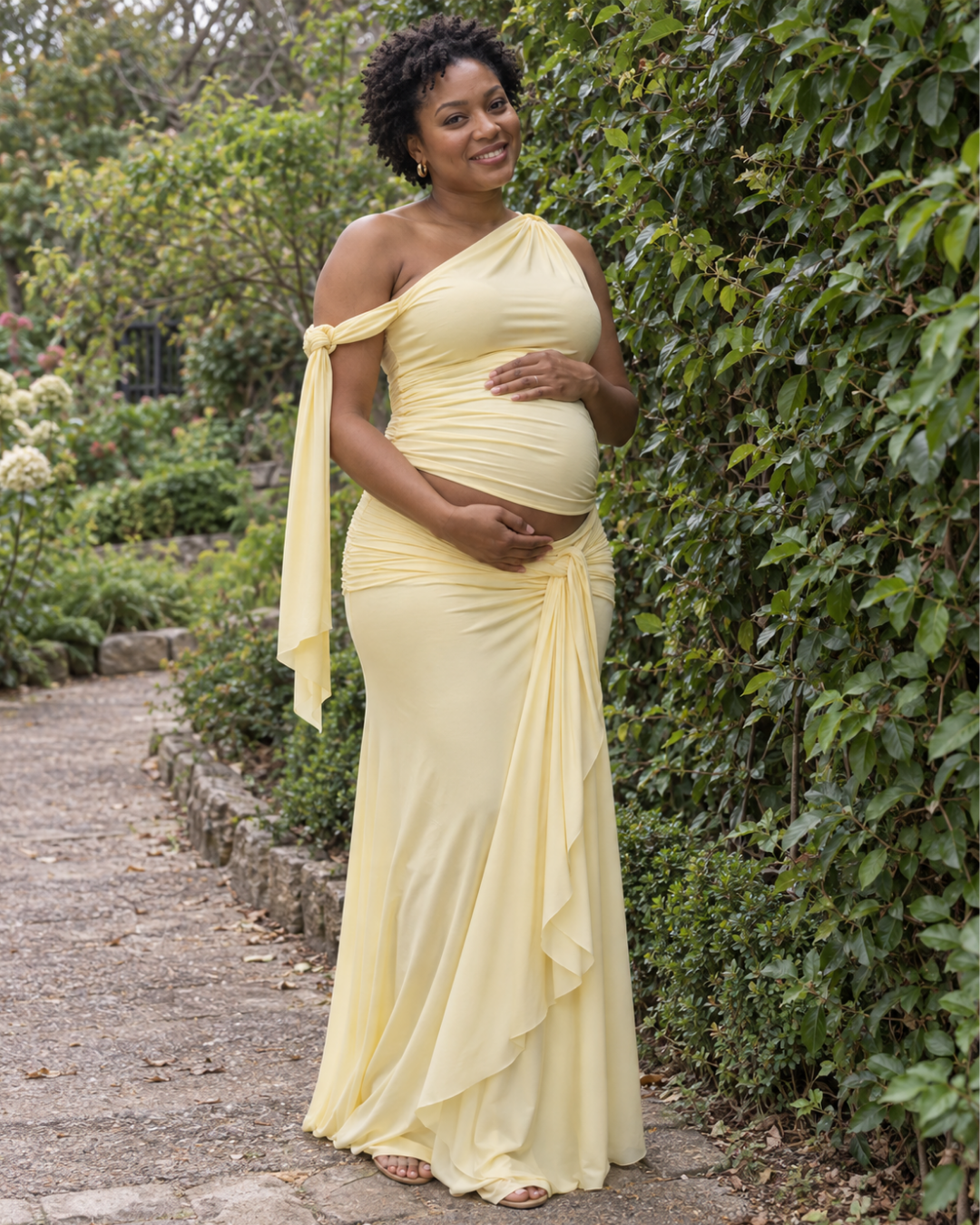Yellow one-shoulder maternity gown