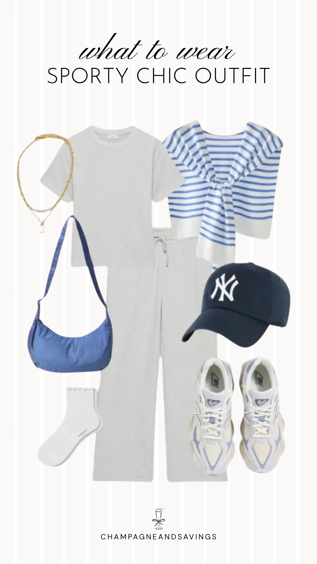 Collage of sporty chic outfit pieces featuring a matching sweat set styled with a sweater draped over the shoulders for an effortlessly polished athleisure look.