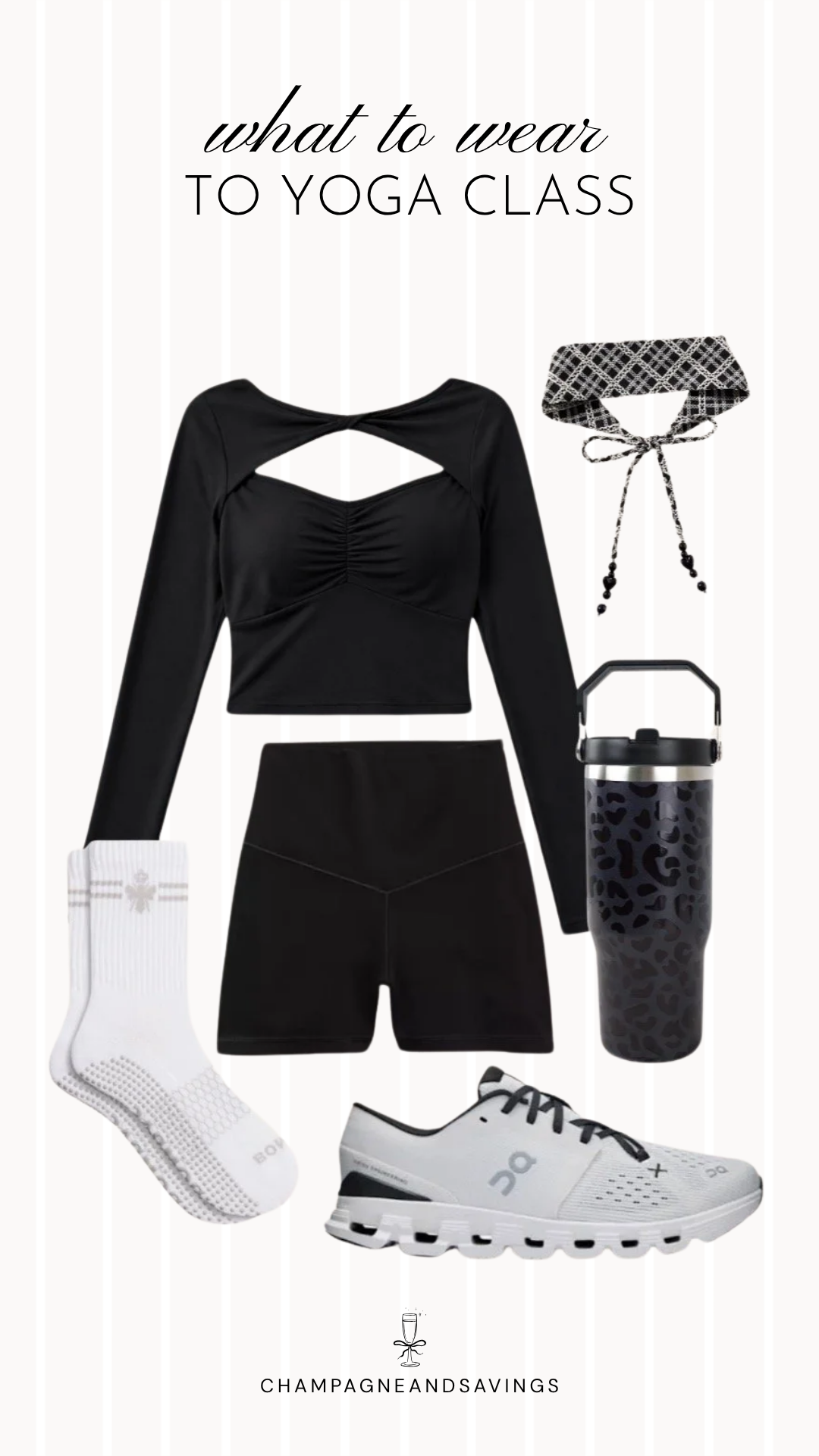 Collage of yoga outfit pieces featuring a black cutout long-sleeve workout top paired with black bike shorts, creating a sleek and comfortable outfit for yoga class, stretching, or light workouts.