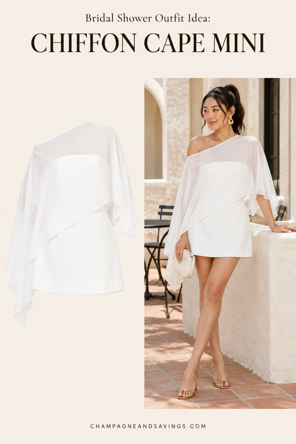 Trendy bridal shower outfit idea featuring a white chiffon cape mini dress, shown alongside a styled bridal look for the bride-to-be.