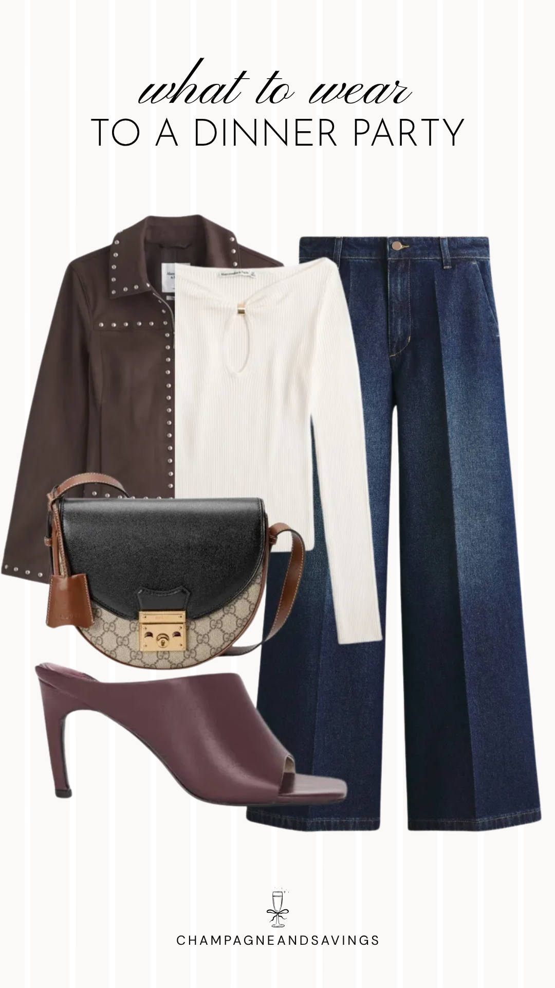 A dinner party outfit idea featuring a studded jacket layered over an ivory keyhole top for a chic fall look that combines feminine details with a touch of edgy style.