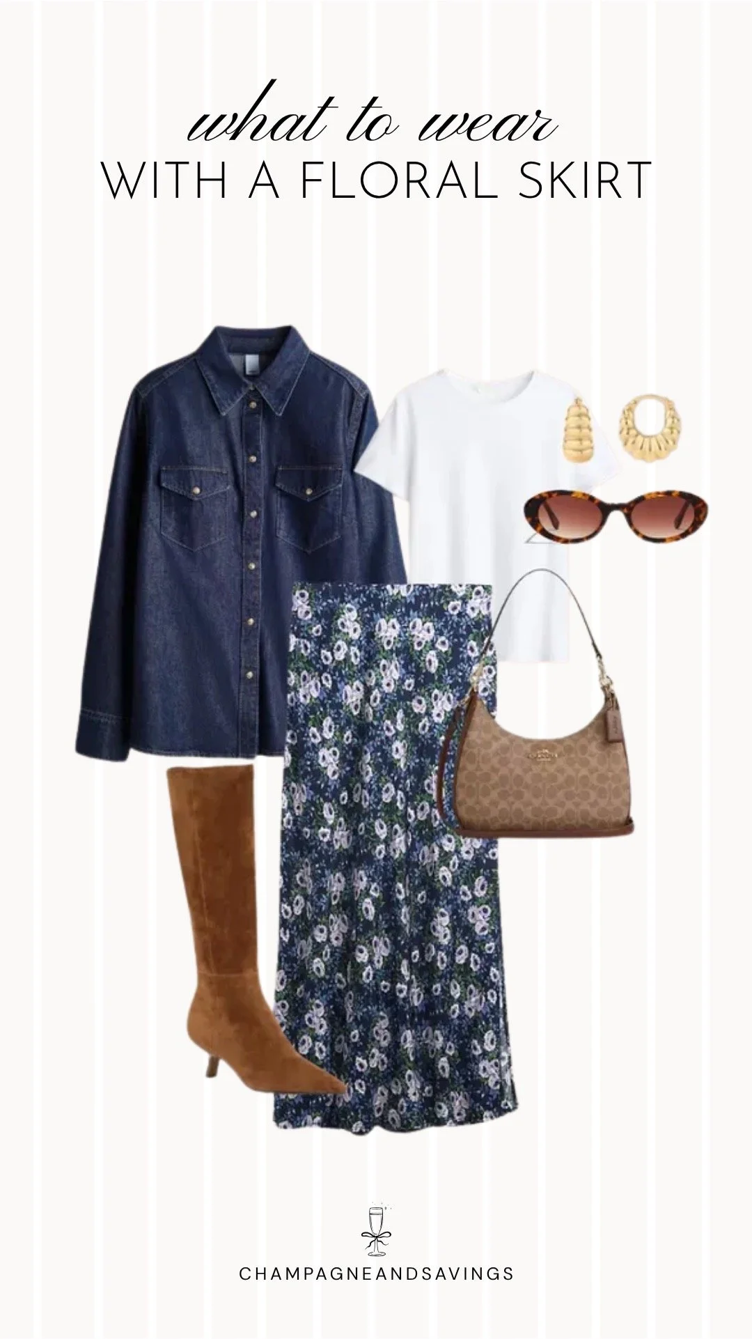 Collage of outfit pieces featuring a floral skirt styled with a denim shirt and suede knee boots for a chic, fall-ready outfit
